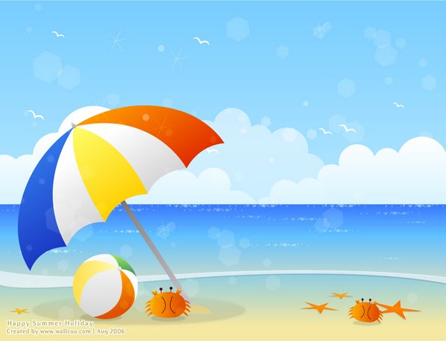Scene Vector Beach Umbrella Ball And Crabs Wallpaper