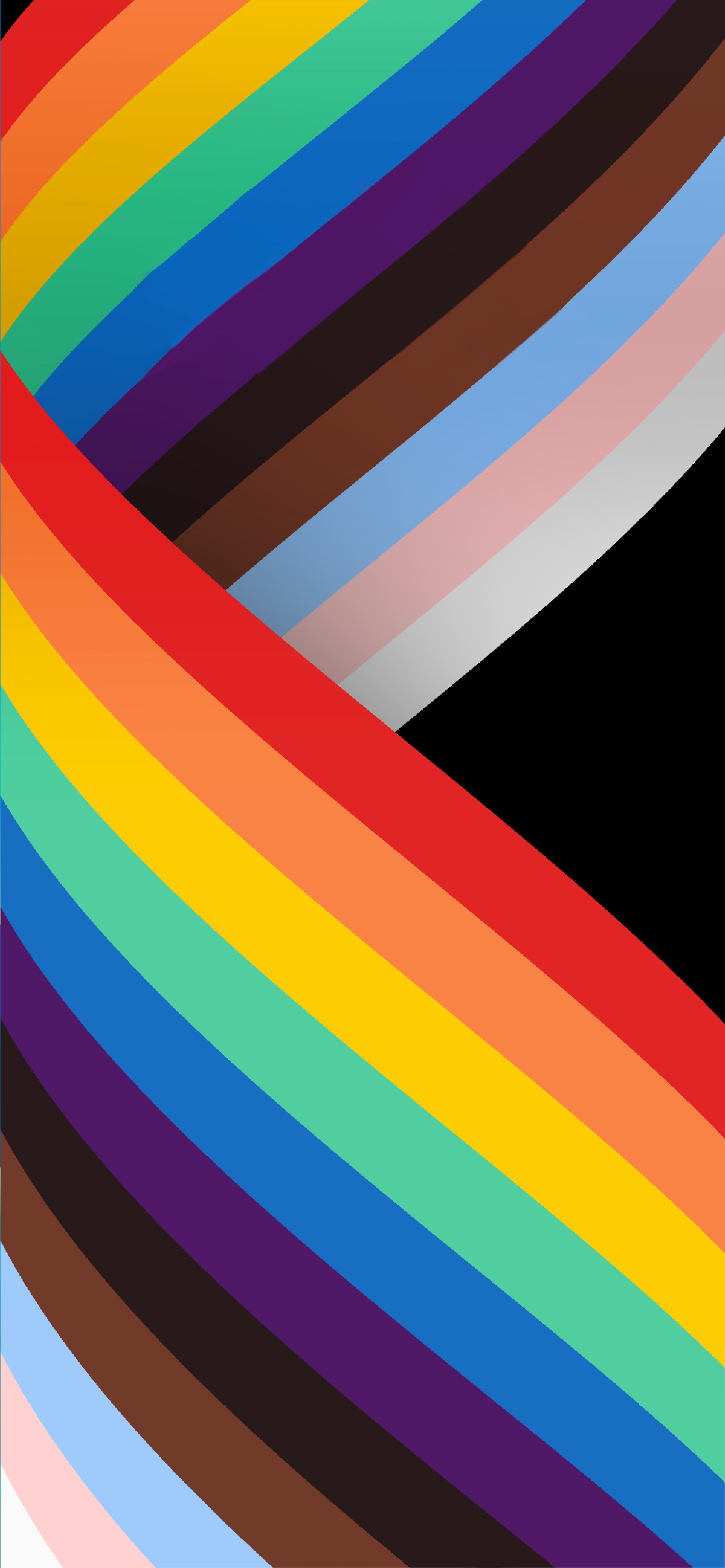 Progress Pride flag with rainbow colors, brown and black stripes for people of color, and pink, light blue, and white stripes for transgender people