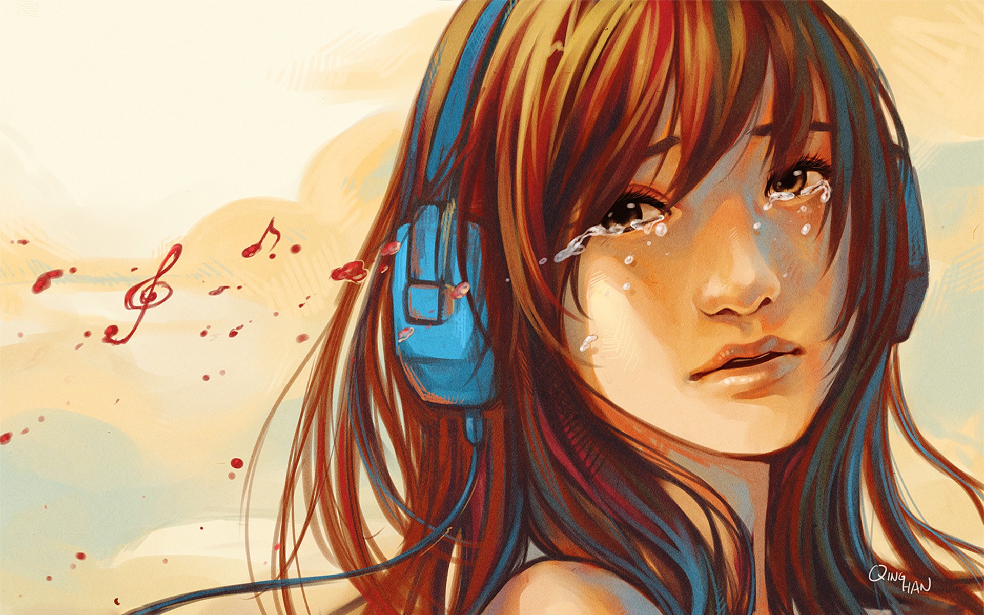 Anime Girl Music Crying Headphone Art Retro Wallpaper