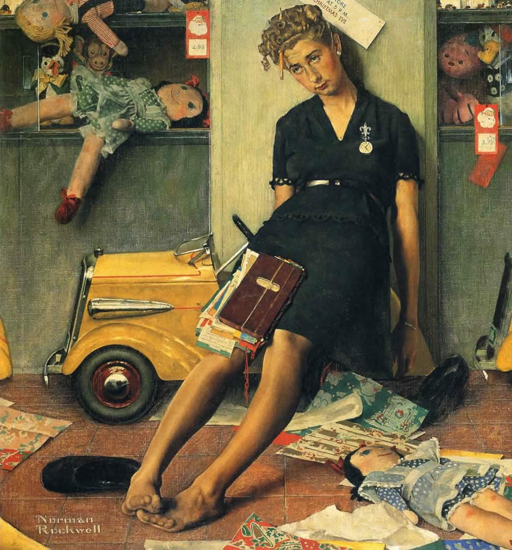 Tired Salesgirl On Christmas Eve Norman Rockwell Paintings