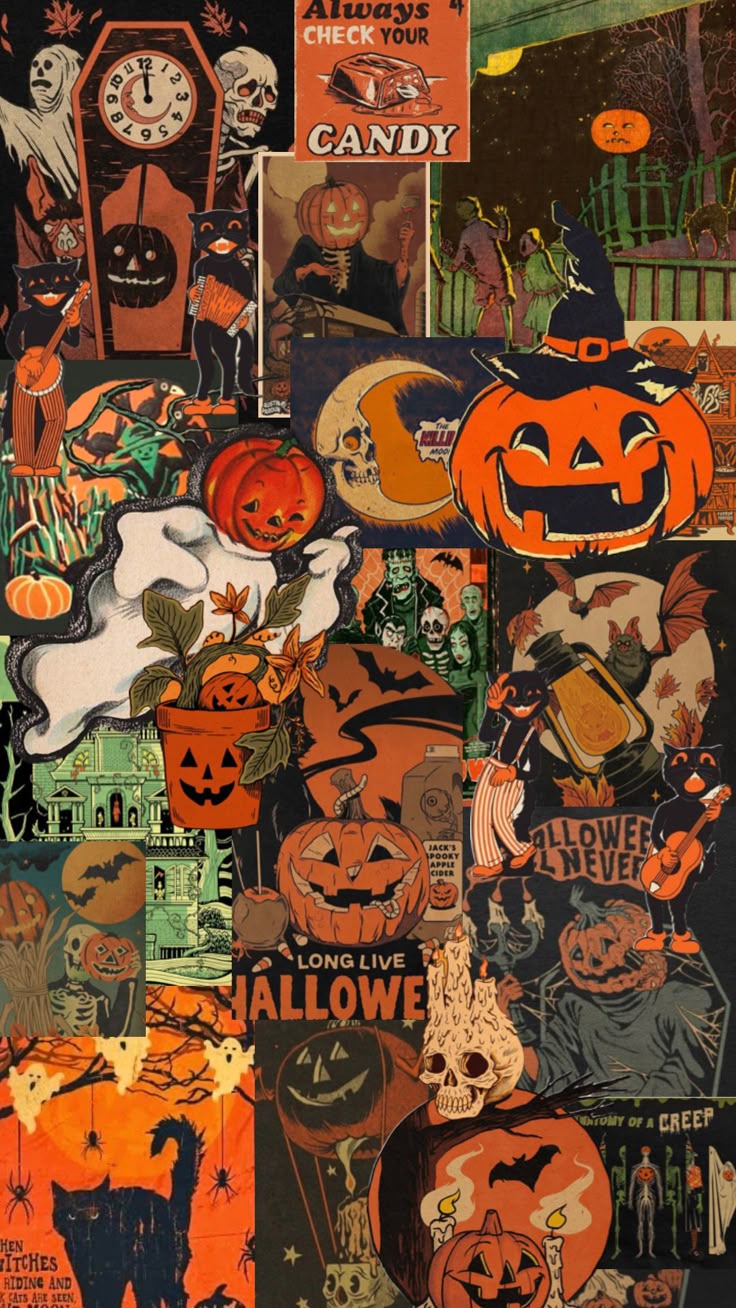 A Collage Of Halloween Image With Pumpkins Wallpaper