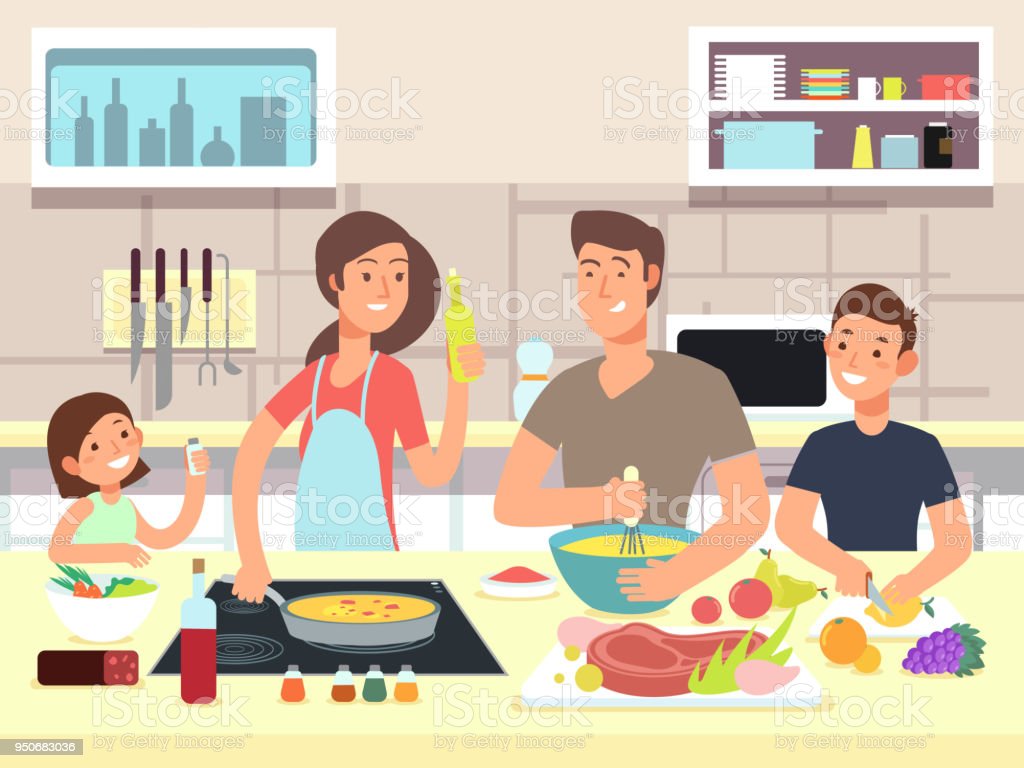 Happy Family Cooking Mother And Father With Kids Cook Dishes In 1024x768