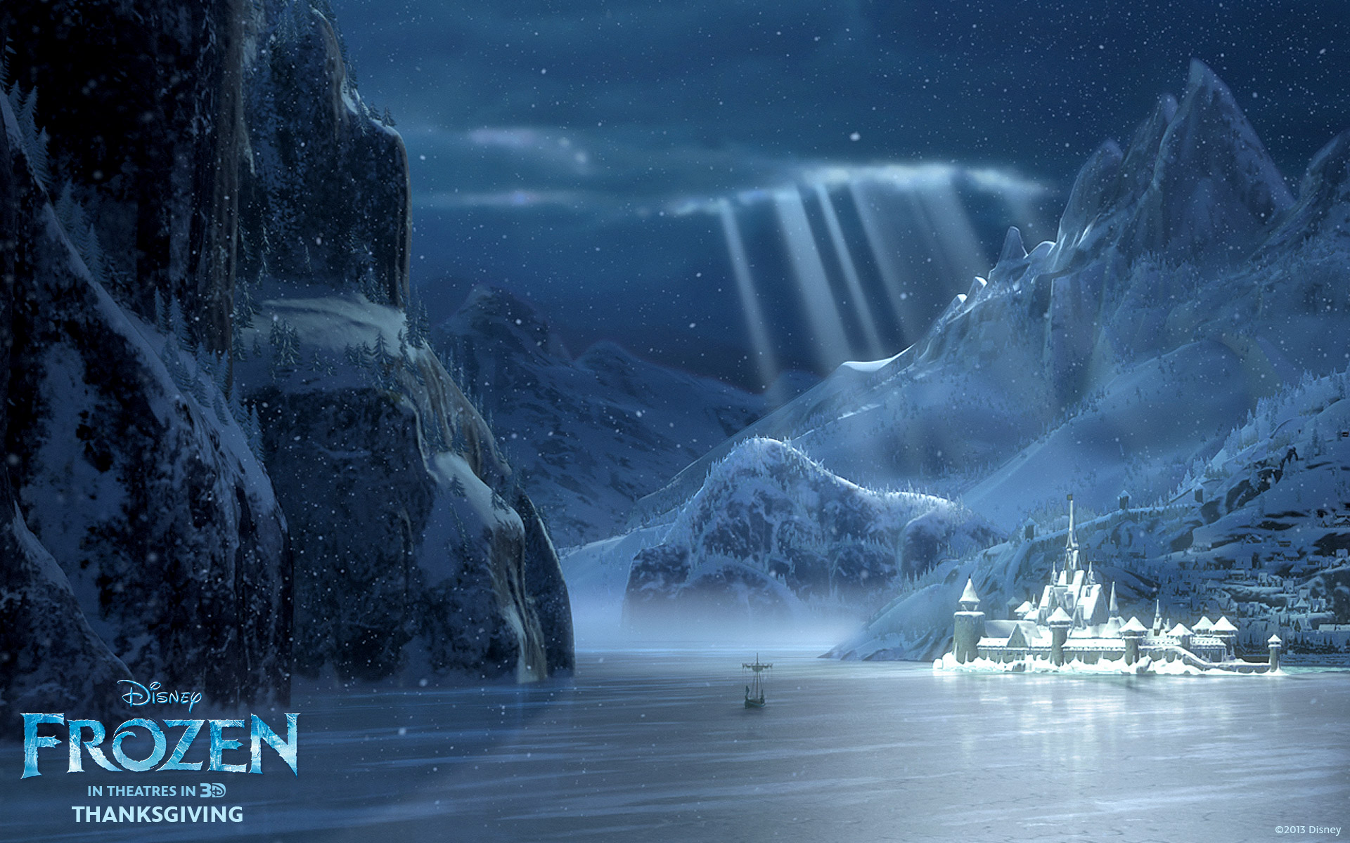 A stunning snowy landscape featuring mountains, a fjord, and a castle, reminiscent of Arendelle from Disney's Frozen