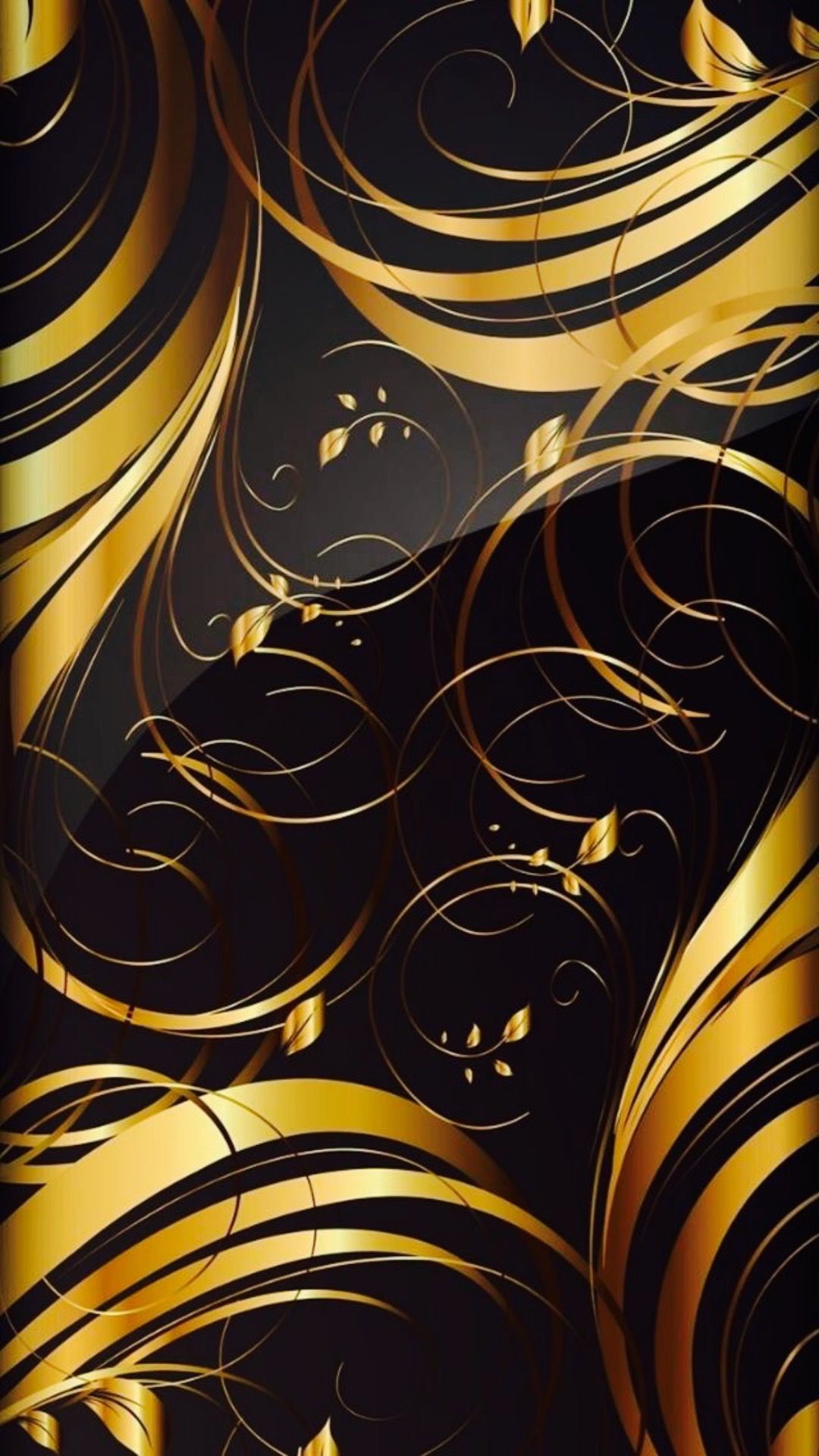Elegant black and gold phone wallpaper with swirling floral design