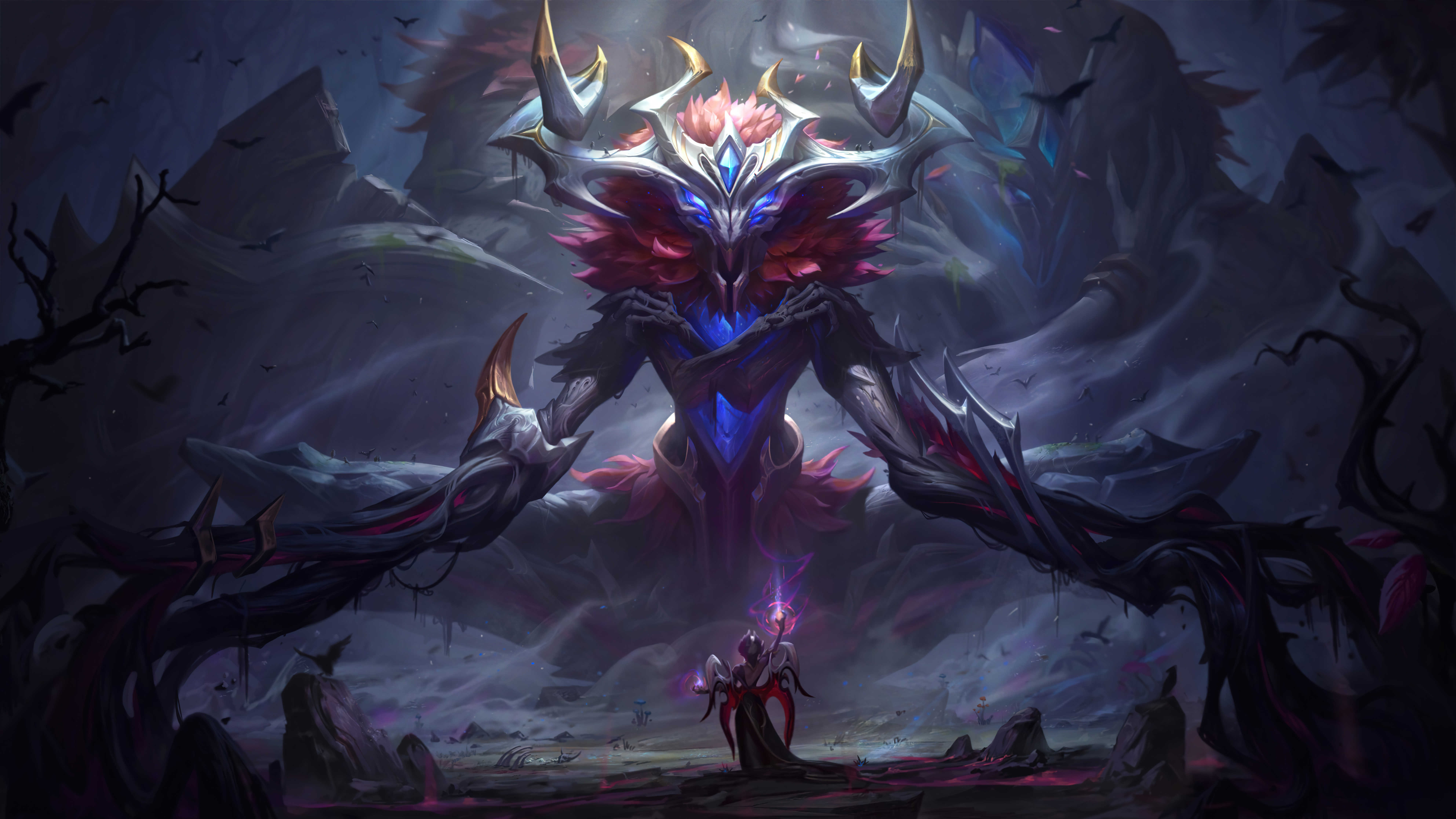 A stunning HD wallpaper from League of Legends featuring a powerful, ethereal creature with large antlers and a dark, mystical aura, confronting a smaller, robed figure in a desolate landscape