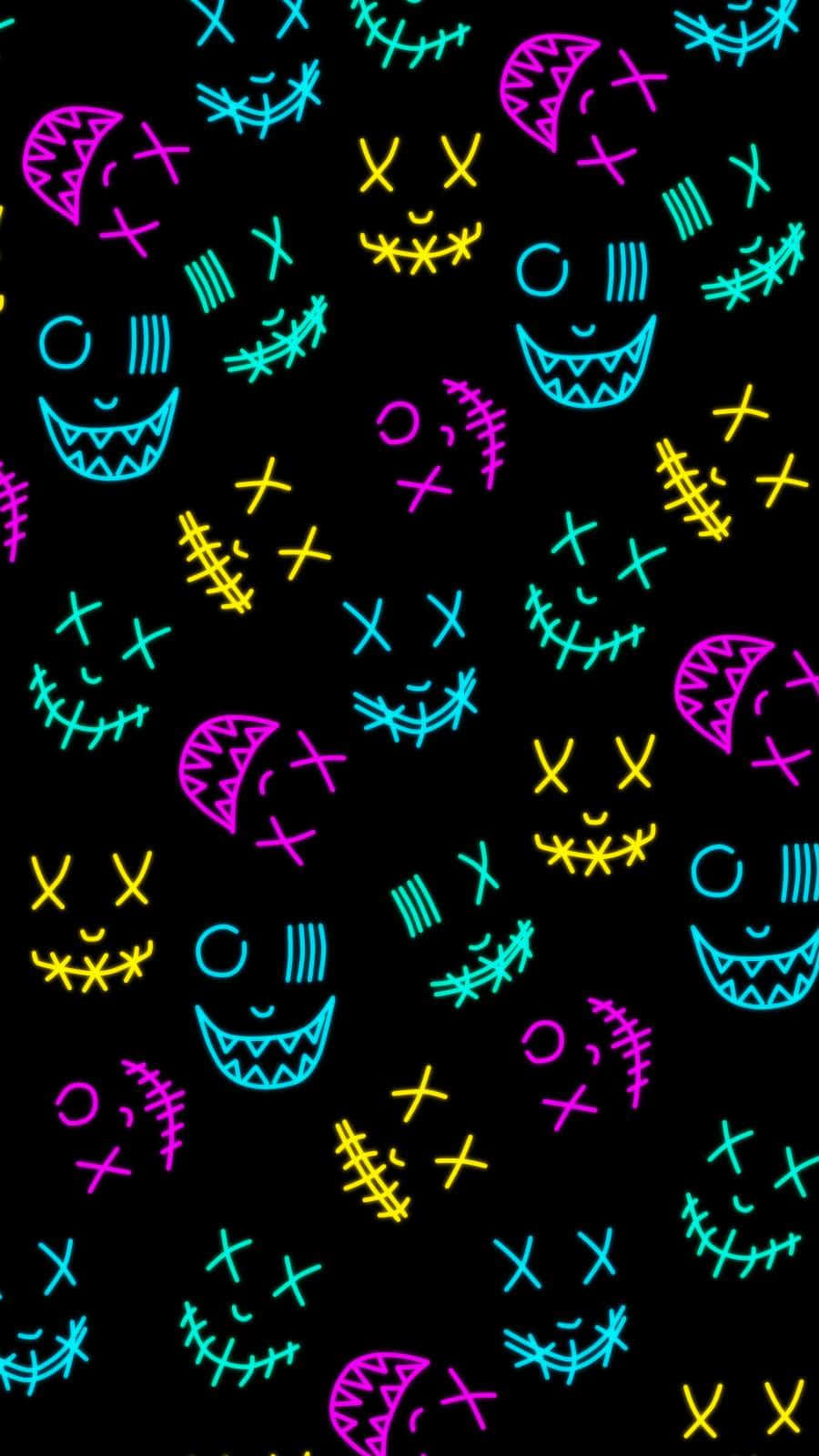A Black With Many Neon Faces Wallpaper