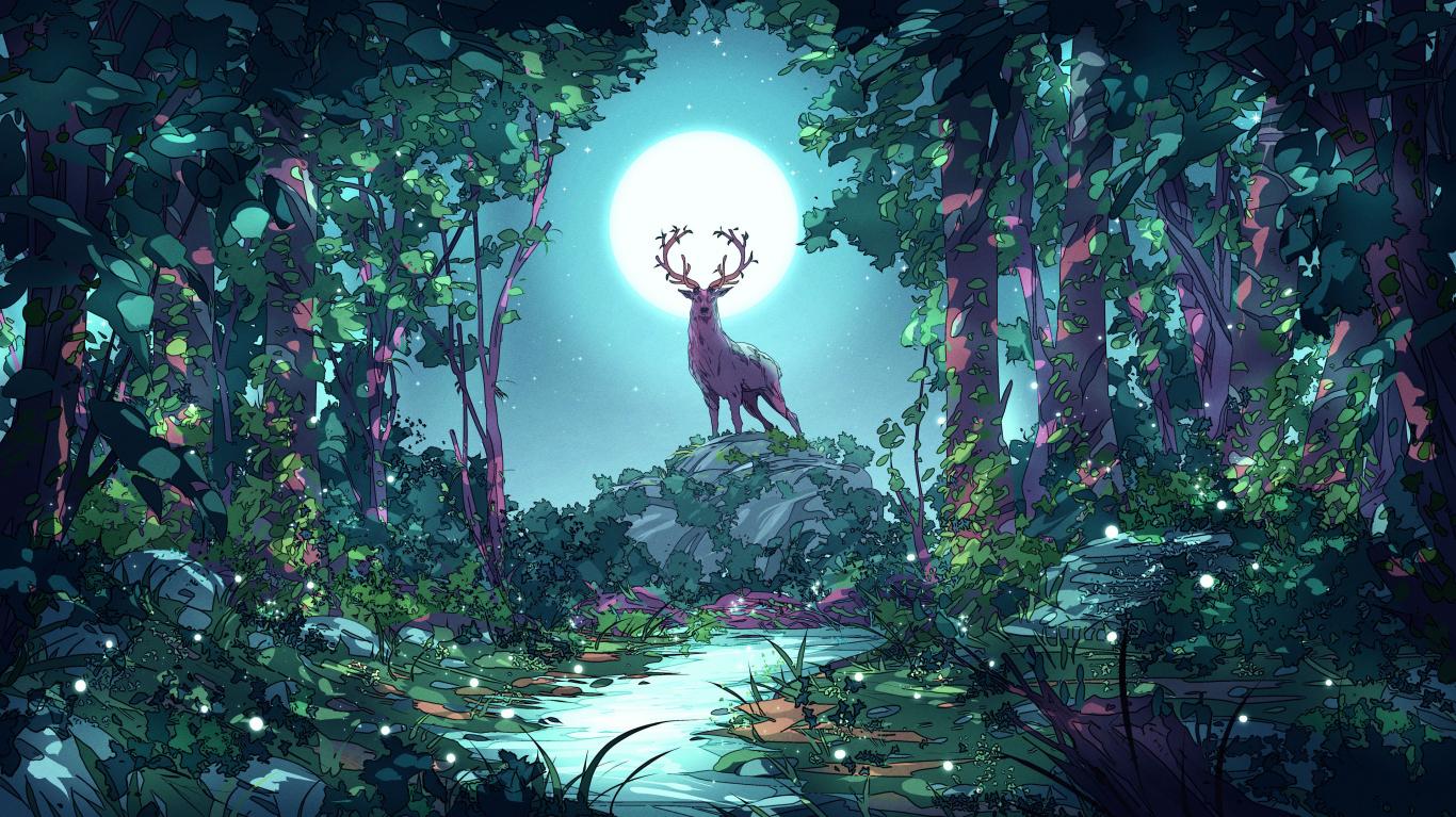 Deer At Forest Moon Night Art Wallpaper Background Gnome Look Org