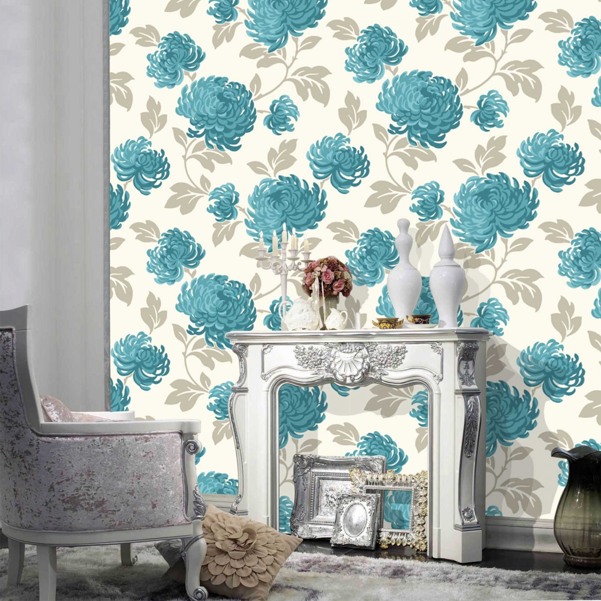 Teal and White Bloom Floral Wallpaper
