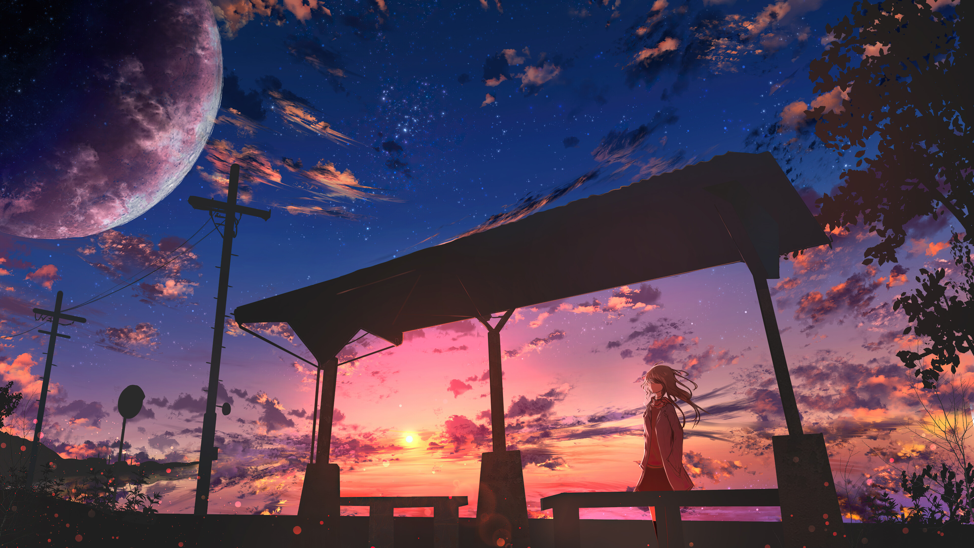 Anime girl at sunset, 4k anime wallpaper