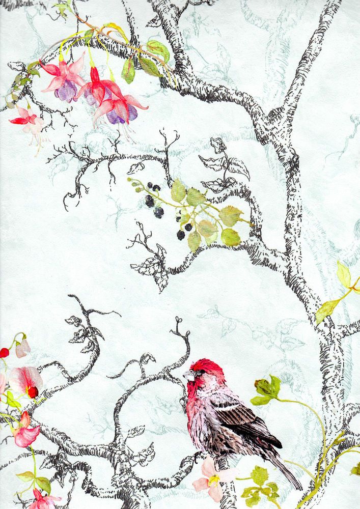 Vintage Bird Floral Print Vibrant Feature Wallpaper