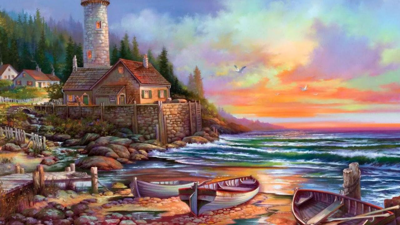 Lighthouse Sunset Paintings Wallpaper Desktop Cool