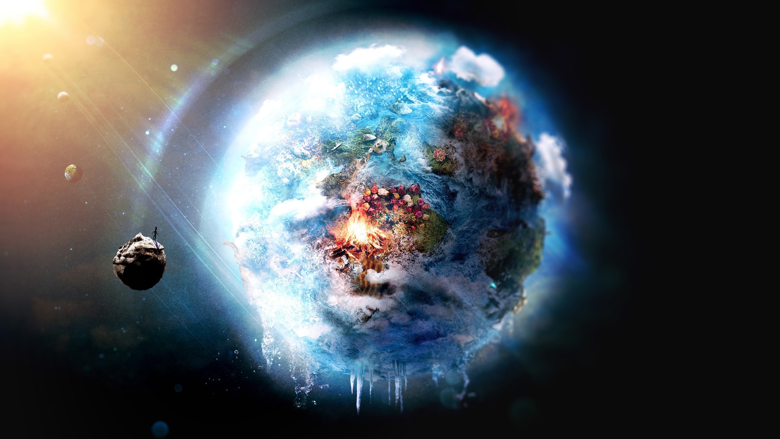 A surreal image of a miniature, icy planet with diverse terrain, viewed from space. A tiny figure stands on a nearby asteroid, adding a sense of scale and wonder to the scene. This wallpaper evokes themes of climate change, exploration, and the fragility of ecosystems