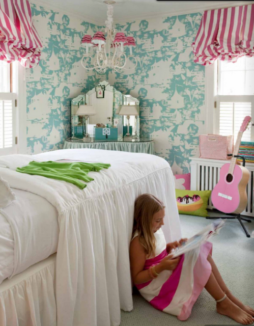 Bedroom Turquoise China Seas Wallpaper And Pink Stripe Curtains