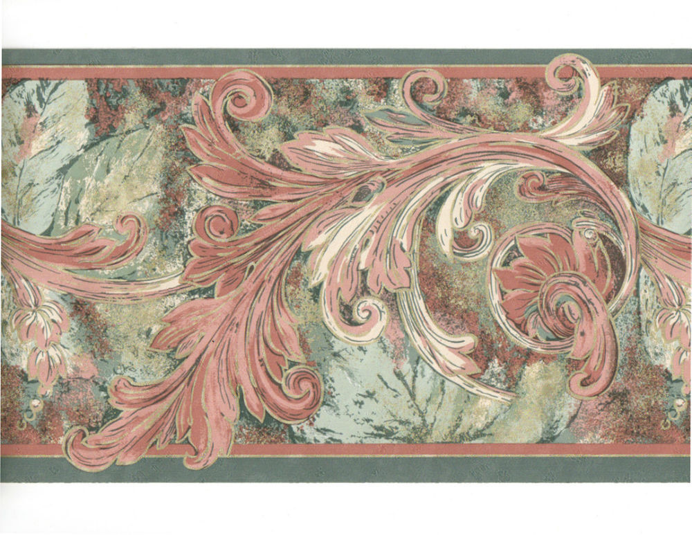 Mauve Pink Gold Acanthus Leaf Leaves Scroll Wall Paper Border