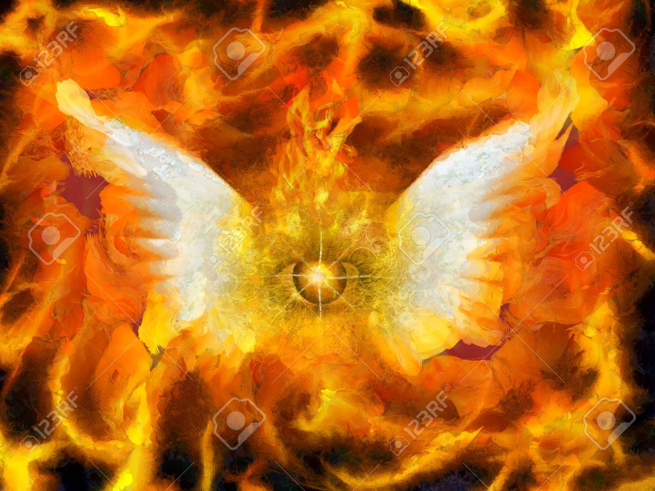 Surreal Painting Burning Eye With Wings Flaming Background