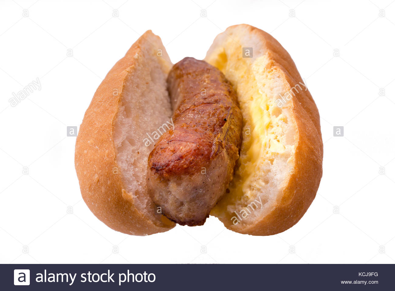 Sausage In A Bread Roll Cut Out Or Isolated On White Background