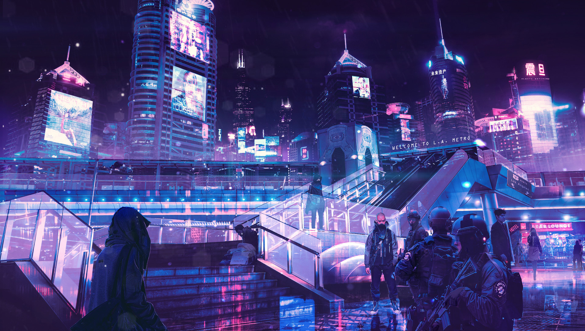 A cyberpunk cityscape at night, featuring neon lights, towering buildings, and a group of people in the foreground