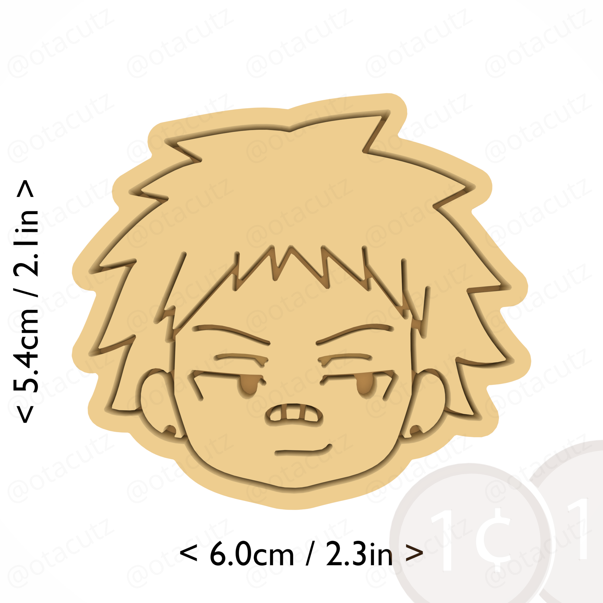 A wooden cookie cutter shaped like an anime character with spiky hair and a grumpy expression. The dimensions of the cutter are approximately 6.0cm x 5.4cm