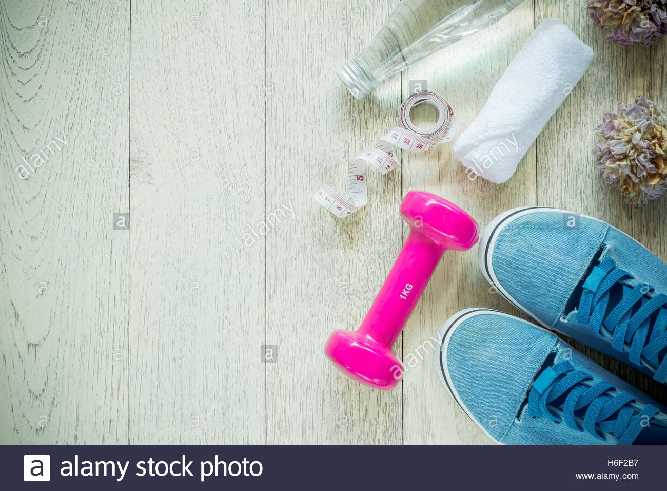 Fitness Background With Bottle Of Water Dumbbells And Sneakers
