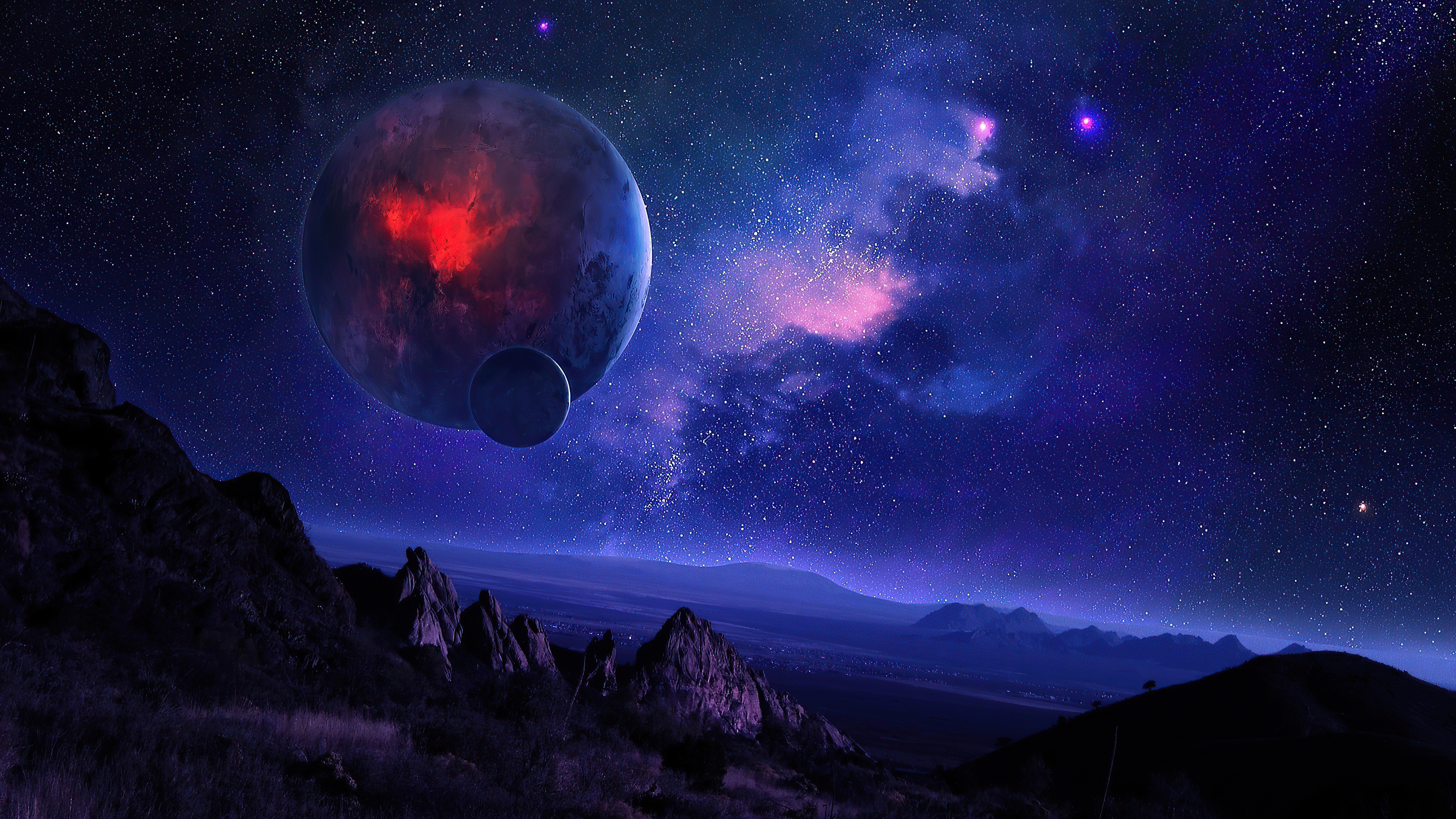 A breathtaking 4k space wallpaper featuring a vibrant red and blue planet, a smaller moon, a starry night sky, a purple nebula, and a mountainous landscape