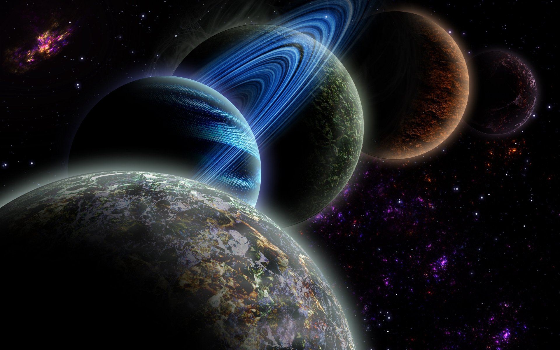 A breathtaking depiction of a diverse planetary system, featuring multiple planets with distinct characteristics, such as vibrant rings and varying surface textures, set against a backdrop of a star-filled cosmic expanse
