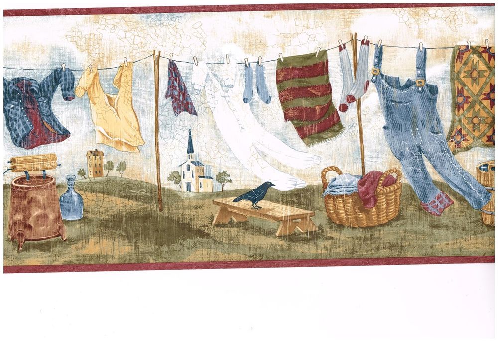 Country Laundry Clothesline Burgundy Trim Wallpaper Border eBay 1000x688