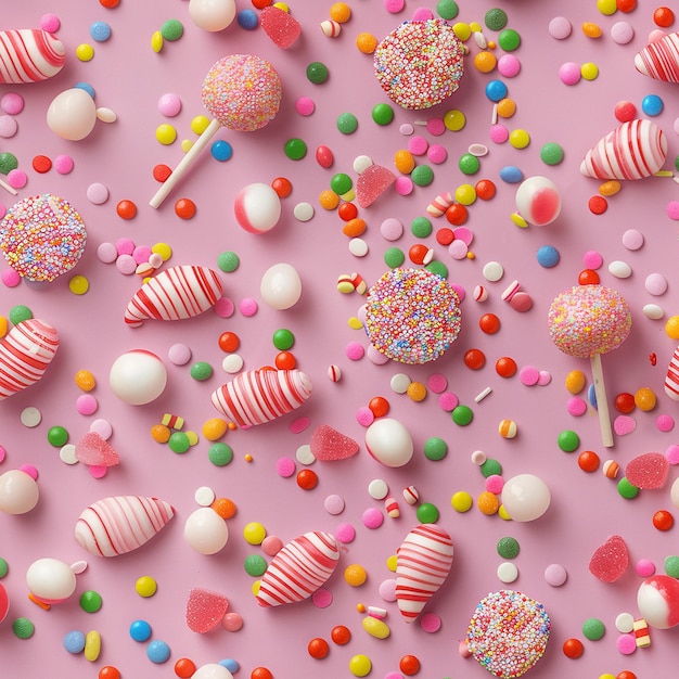 A Pink Background With Many Different Candies And Candy On It Wallpaper
