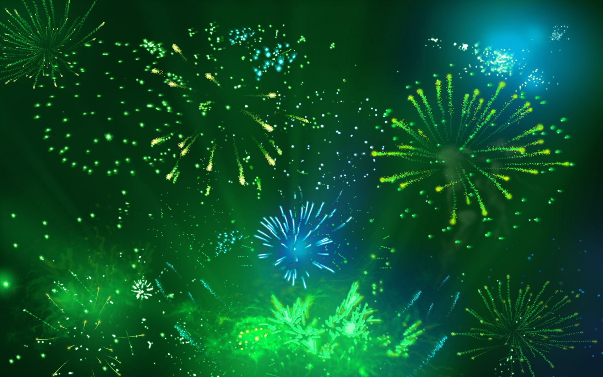 Vibrant green and blue fireworks light up the night sky in a New Year's Eve celebration