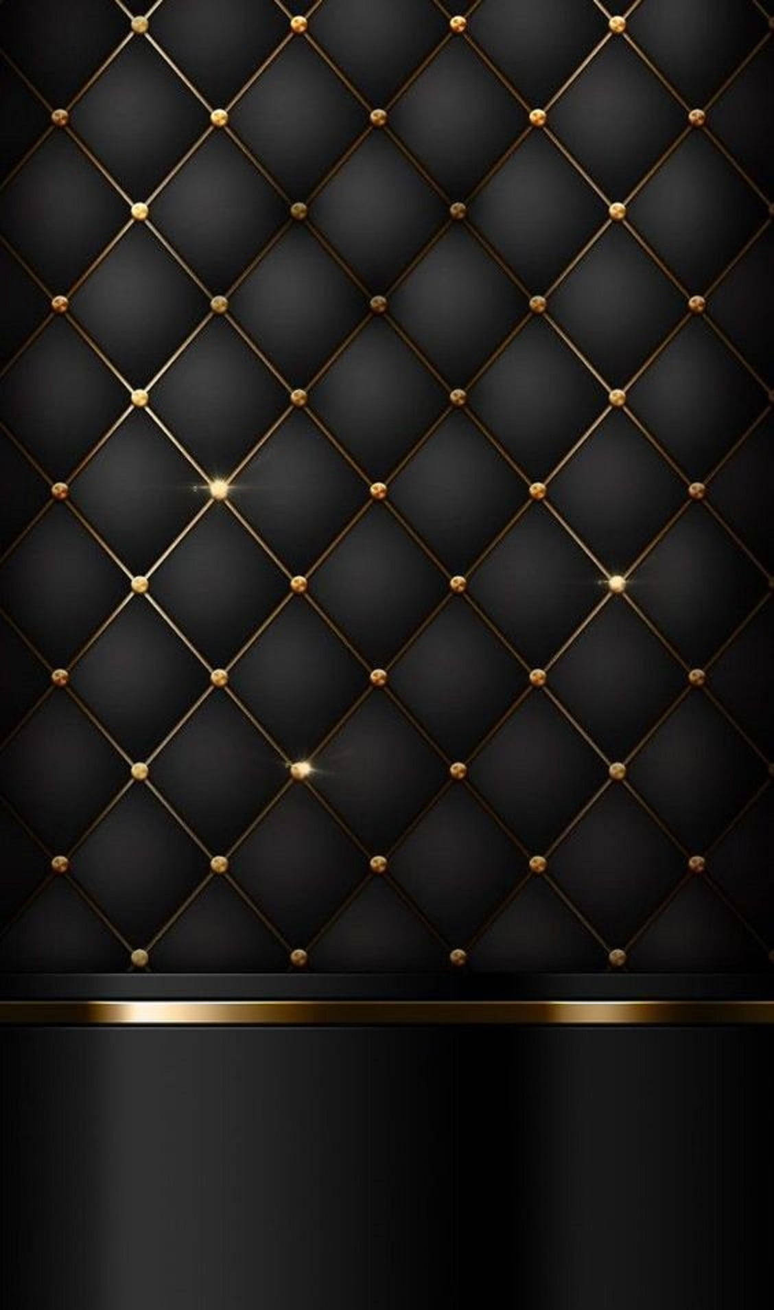 Luxurious black and gold phone wallpaper with a quilted pattern and a subtle gold stripe. Ideal for adding a touch of elegance and sophistication to your device