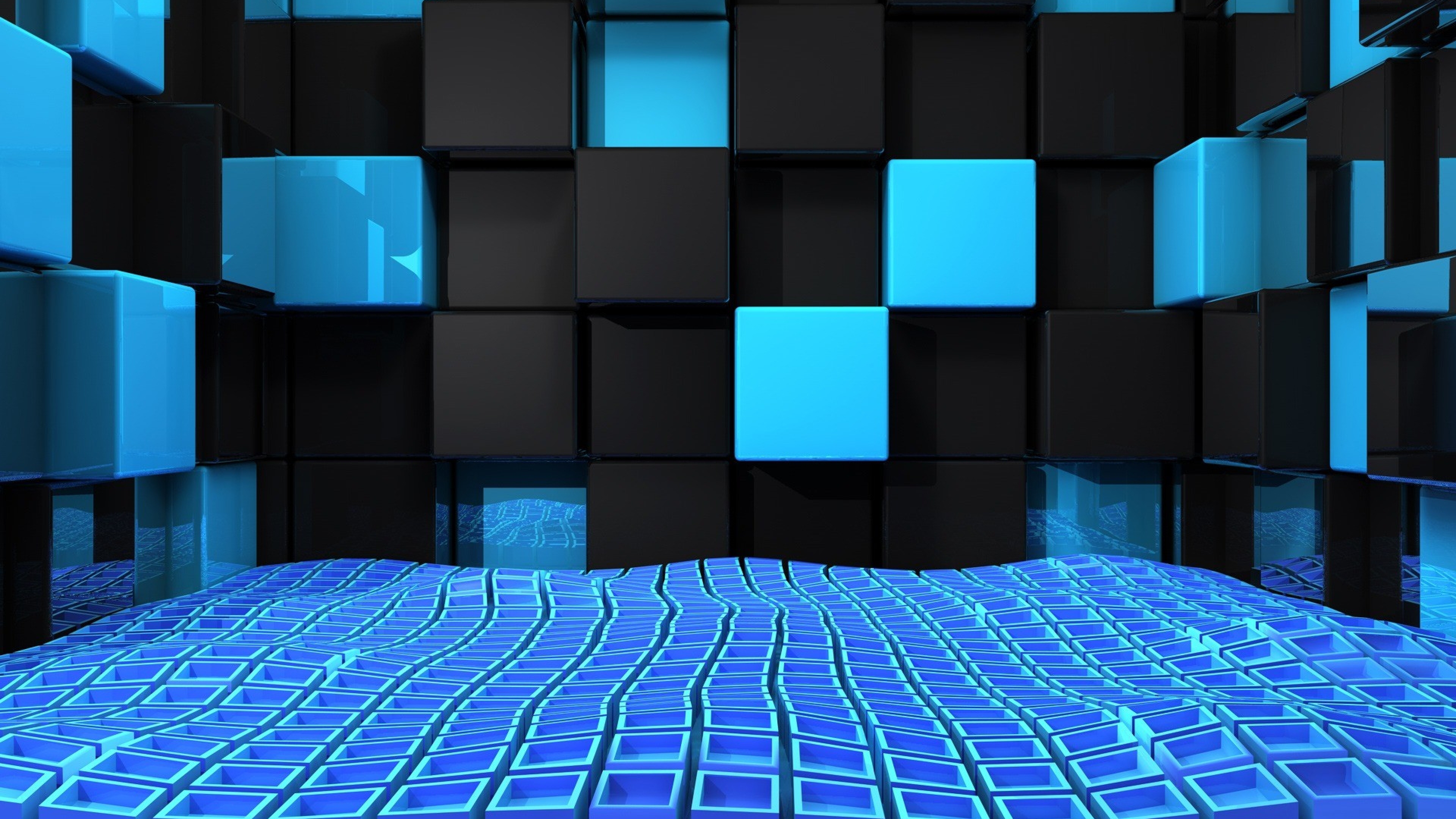 Abstract 3D rendering of blue and black cubes forming a futuristic background, suitable for a 4k wallpaper