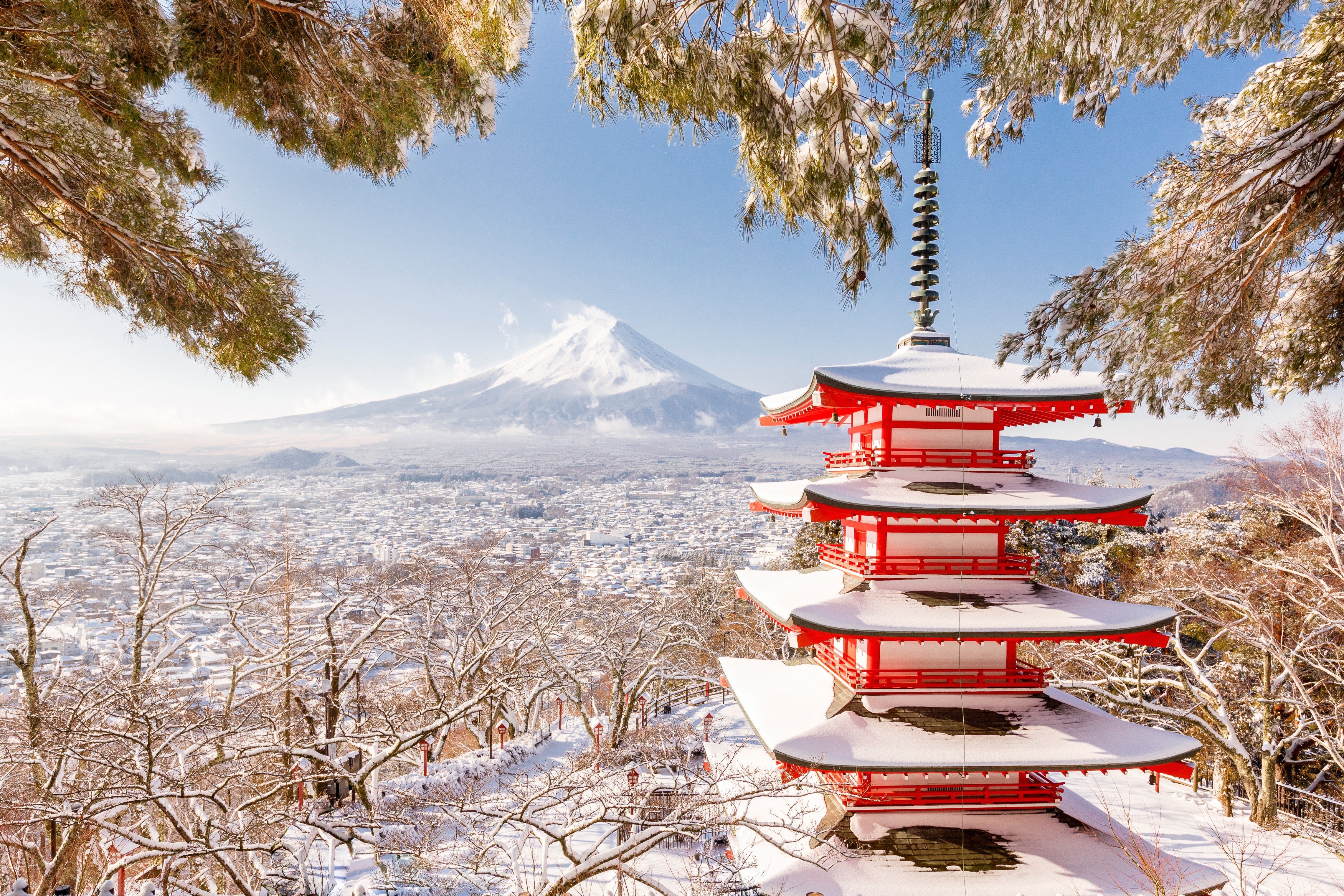 4k Japan Winter Mount Fuji Pagodas Snow Mocah HD