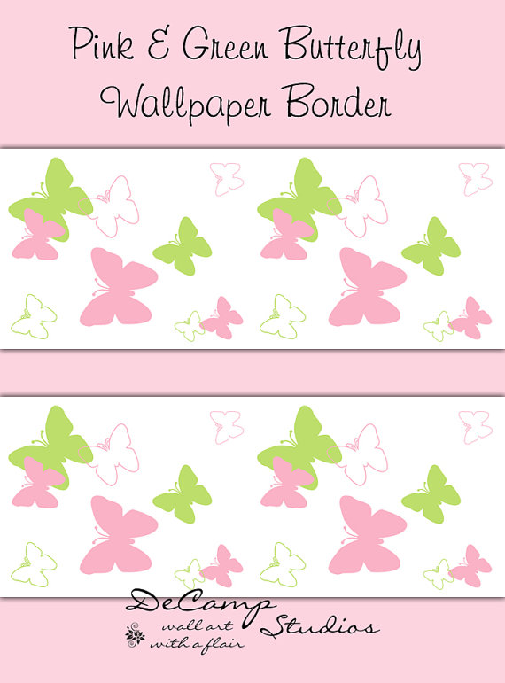 BUTTERFLY WALLPAPER BORDER Pink Green Wall Decals Baby Girl Nursery
