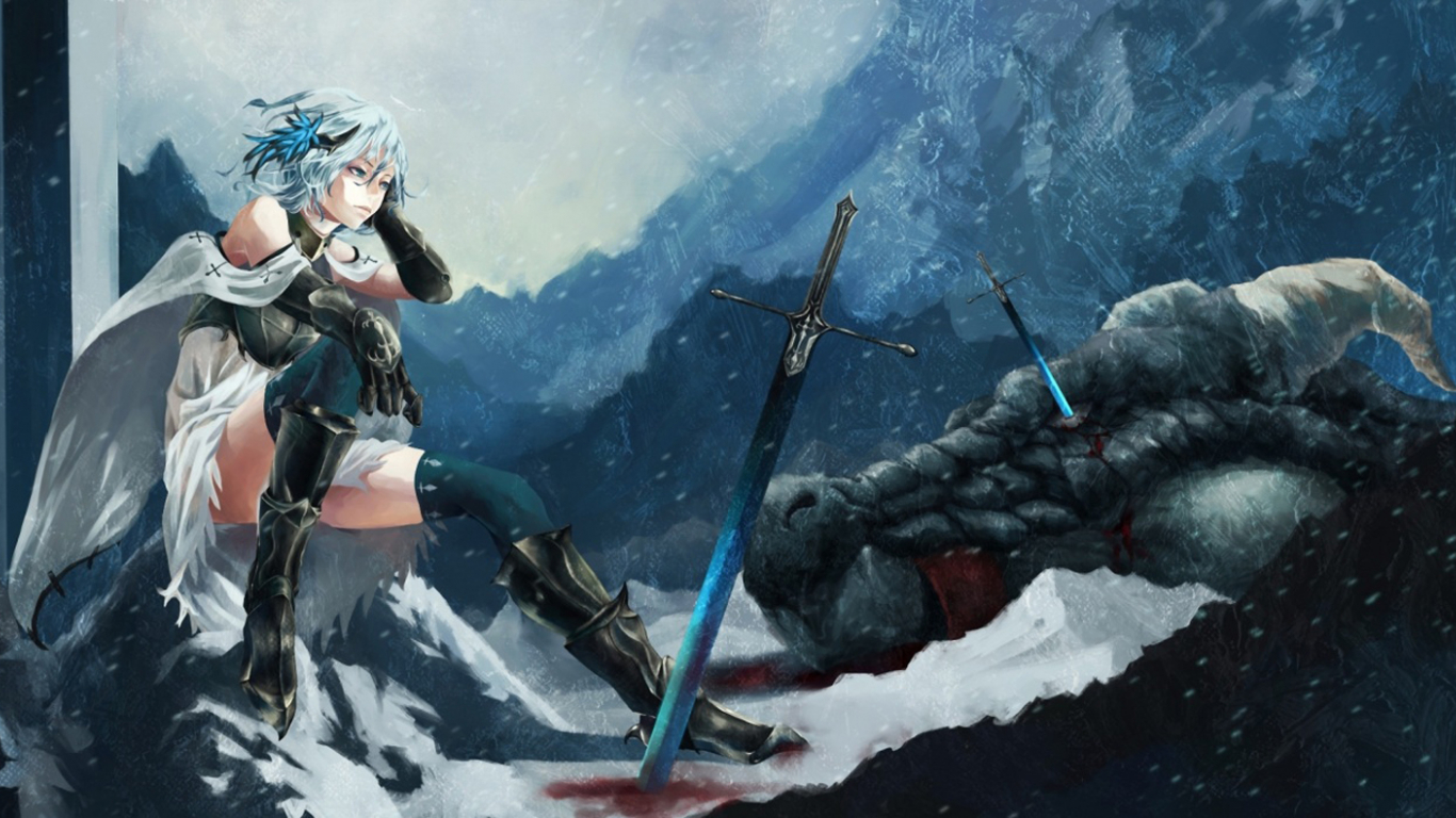 Girl Warrior Defeat Dragon Sword Fantasy HD