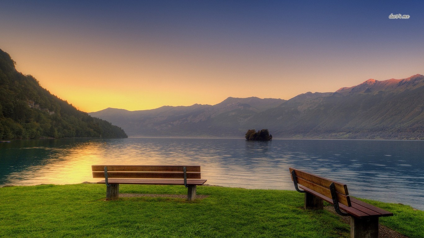 Lakeside Benches Wallpaper Nature