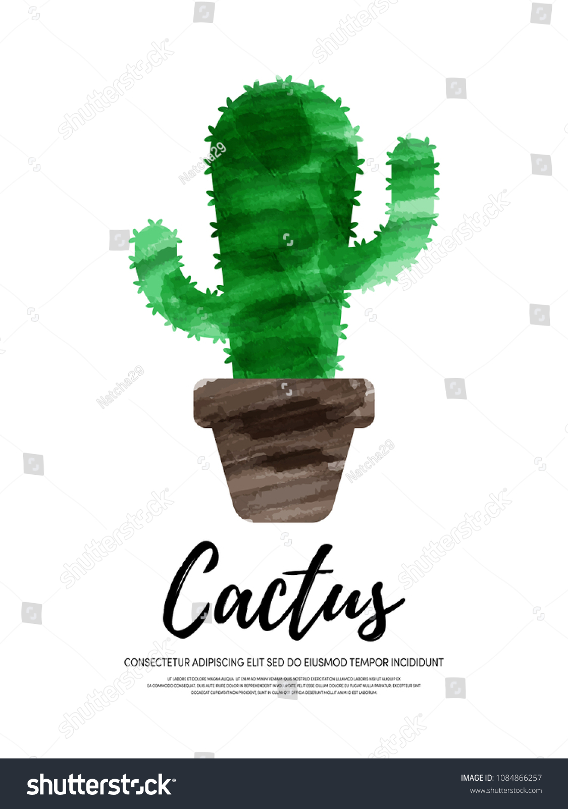 Watercolor Cactus Pot Ceramic Poster Stock Vector Royalty