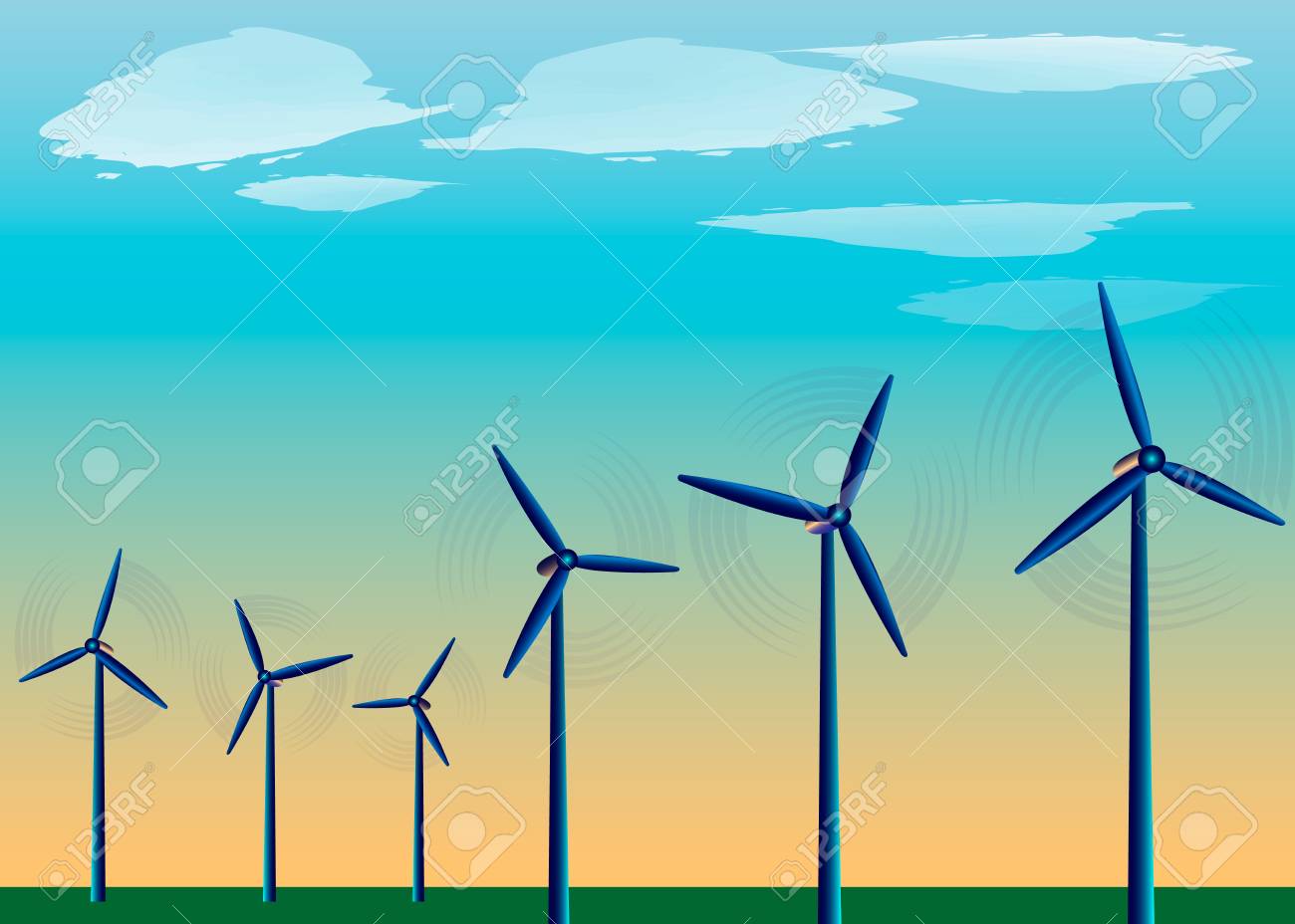 Windmills Standing In The Field Against Background Of Blue