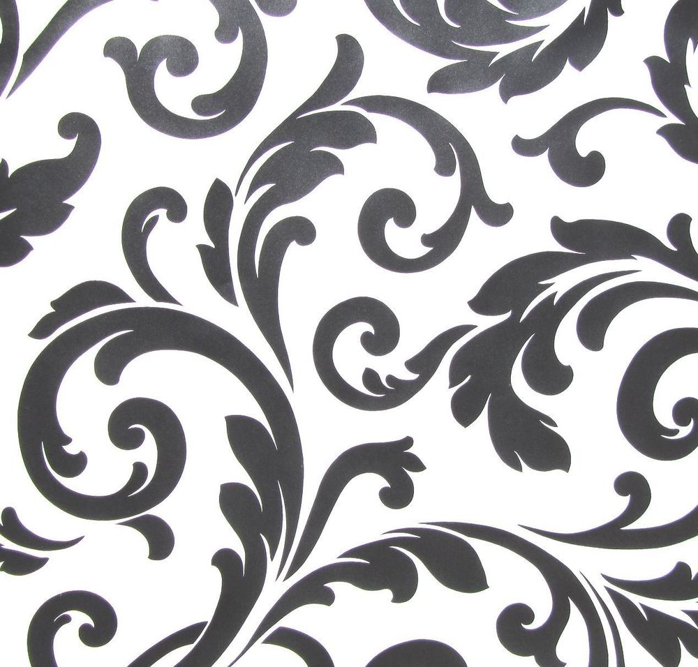Wallpaper Norwall Designer Black Leaf Scroll On White Cw26237