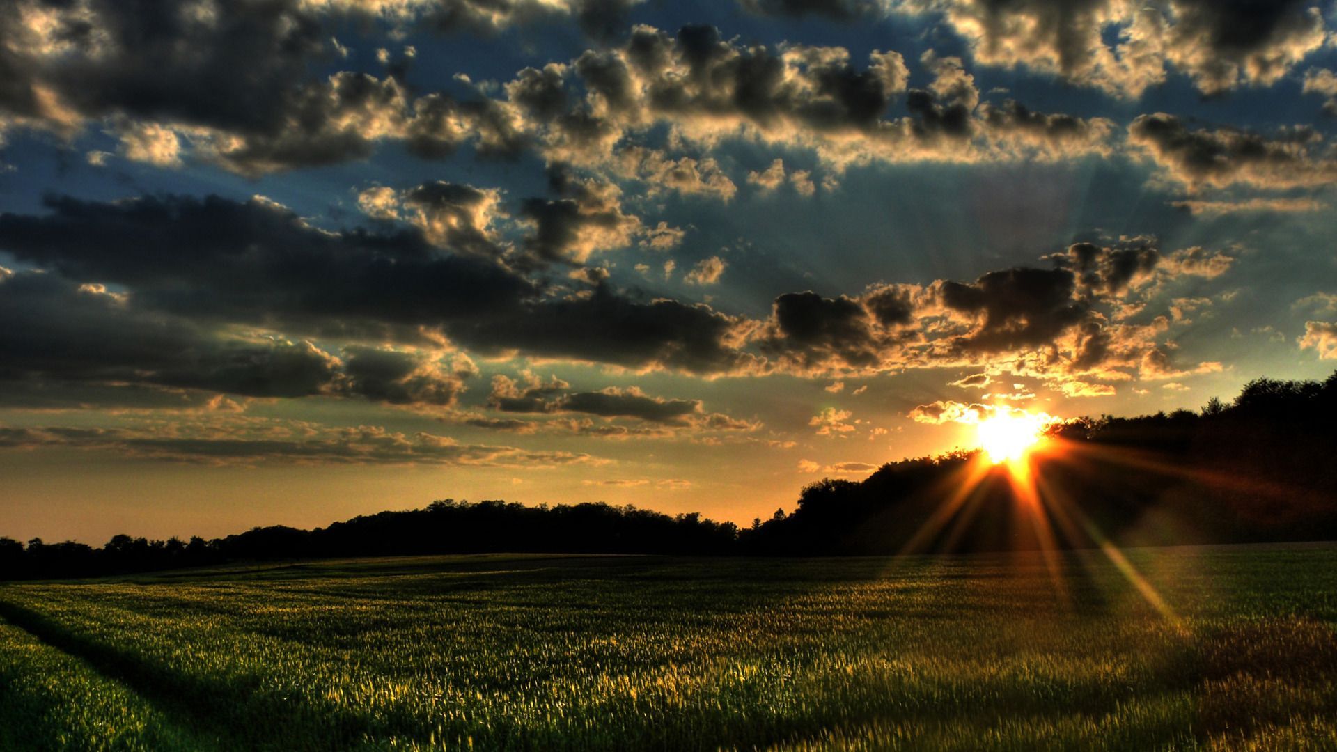 Sunset over a green field with dramatic clouds in the sky