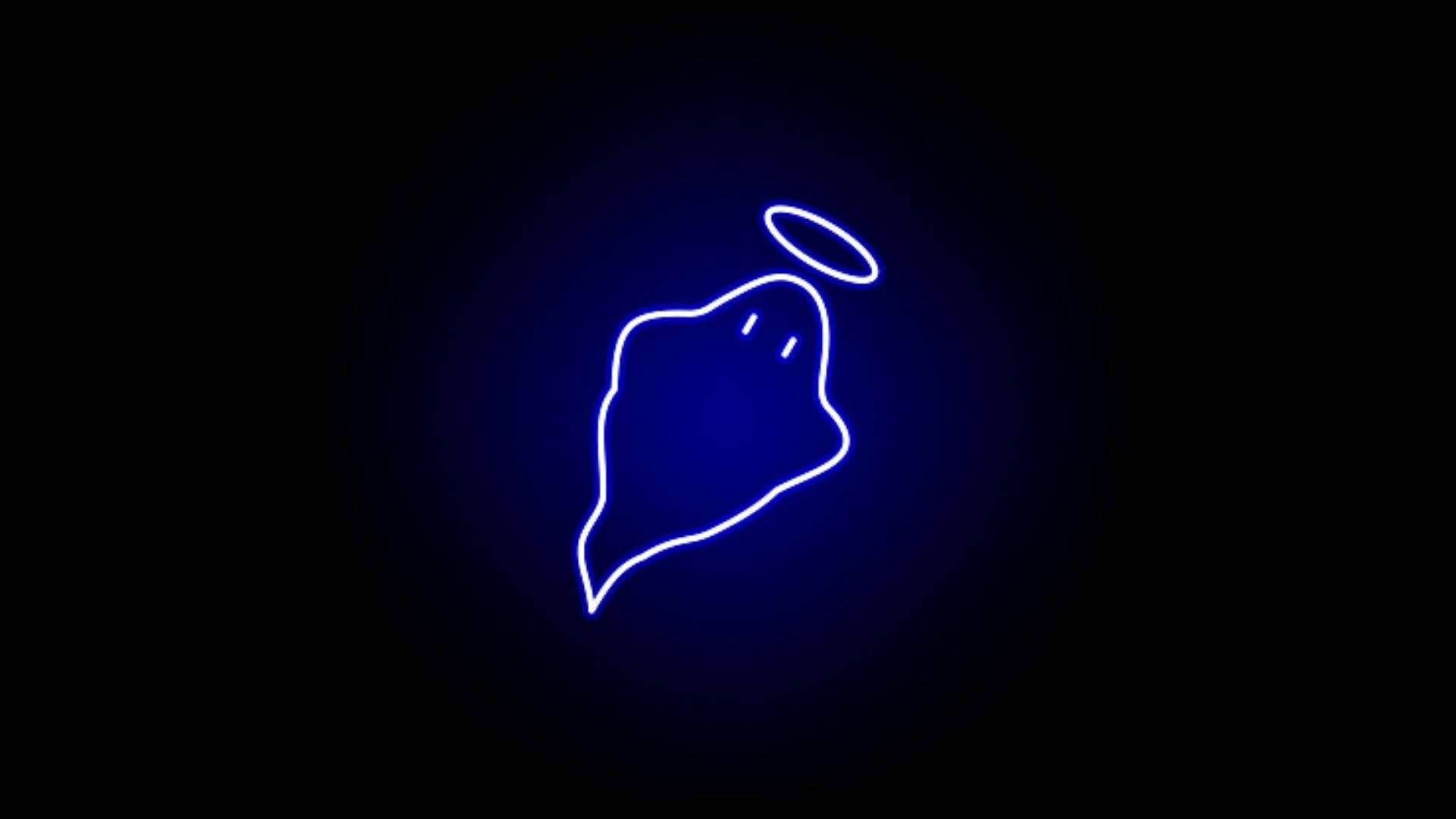 A neon blue ghost with a halo, floating against a dark background. This ethereal design is perfect for a digital wallpaper