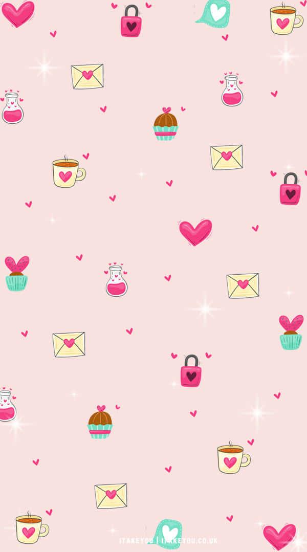 Seamless Pattern with Kawaii Pink Hearts Isolated on White
