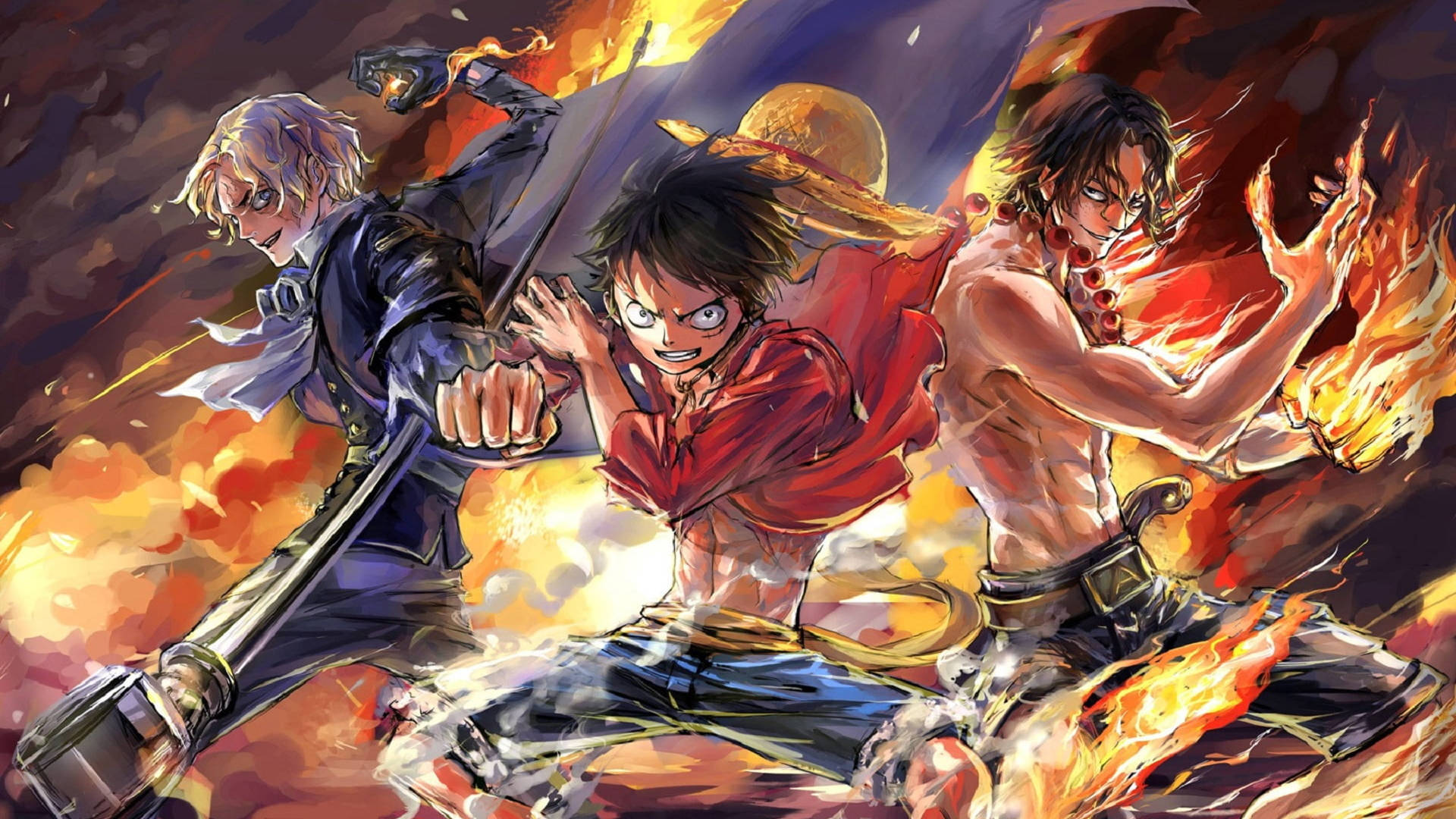 Dynamic action shot of Luffy, Sanji, and Sabo from One Piece in a fiery battle scene