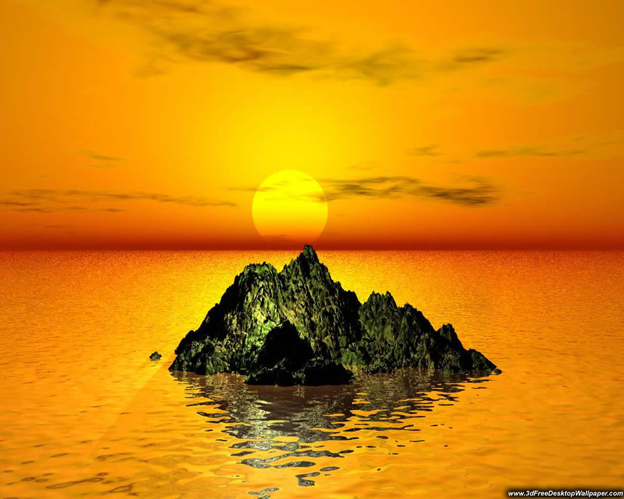 A rocky island silhouette against a vibrant golden sunset over a calm sea