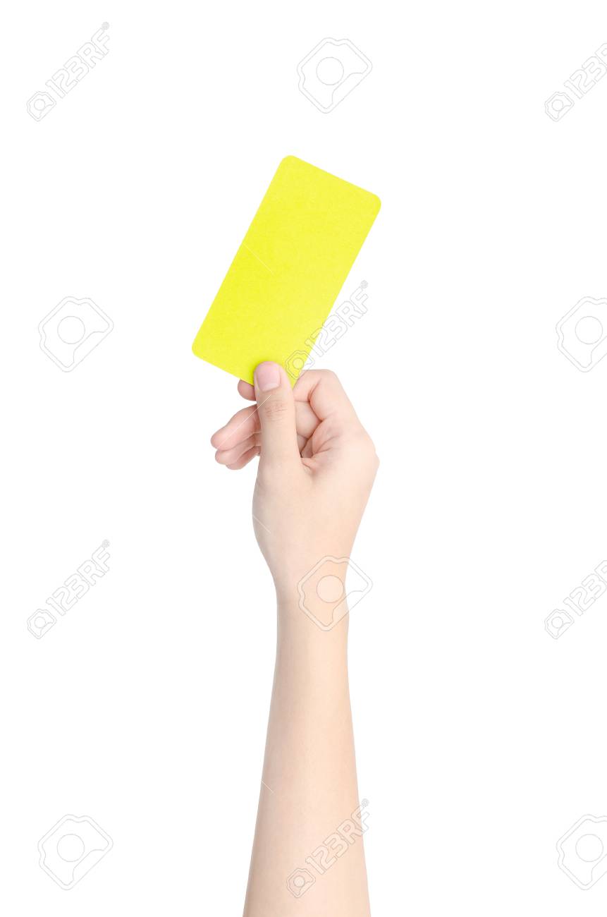 Hand Showing A Yellow Card Isolated On White Background With