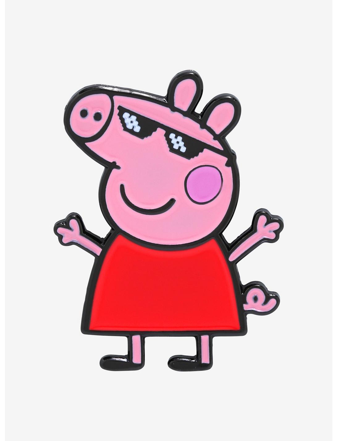 A cool enamel pin of Peppa Pig wearing pixelated sunglasses, perfect for fans of the show