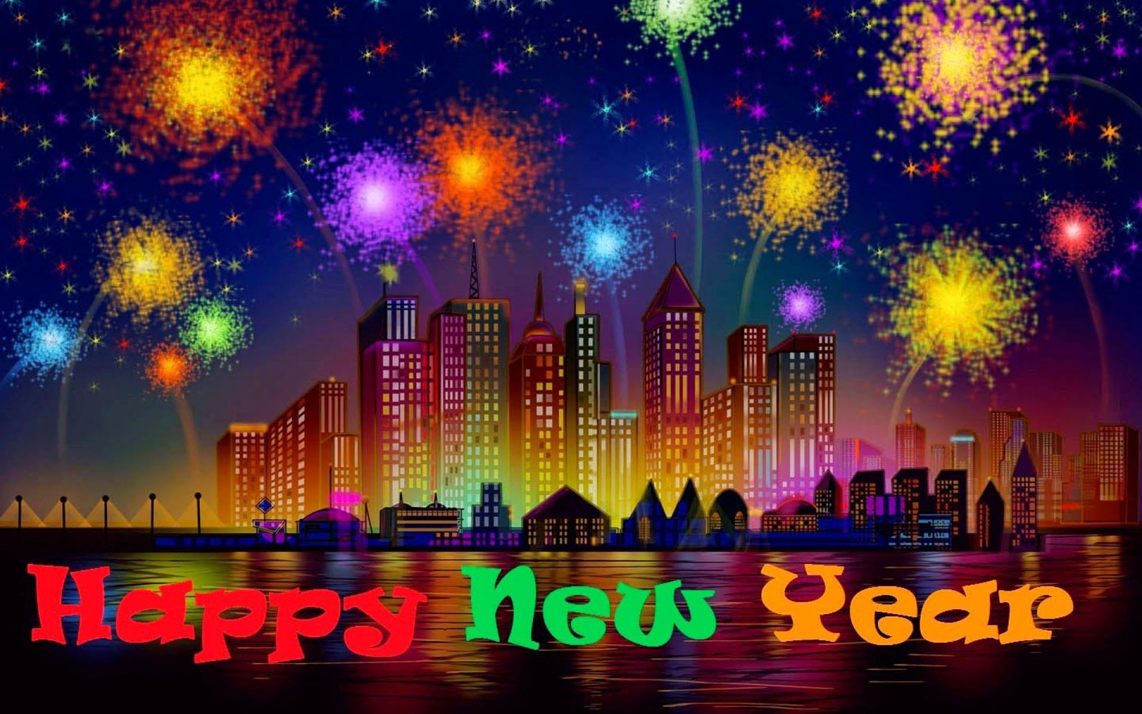 Fireworks light up the night sky over a cityscape in this vibrant New Year's celebration image