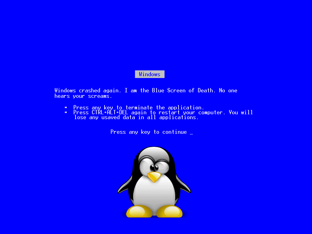 blue screen of death with linux penguin