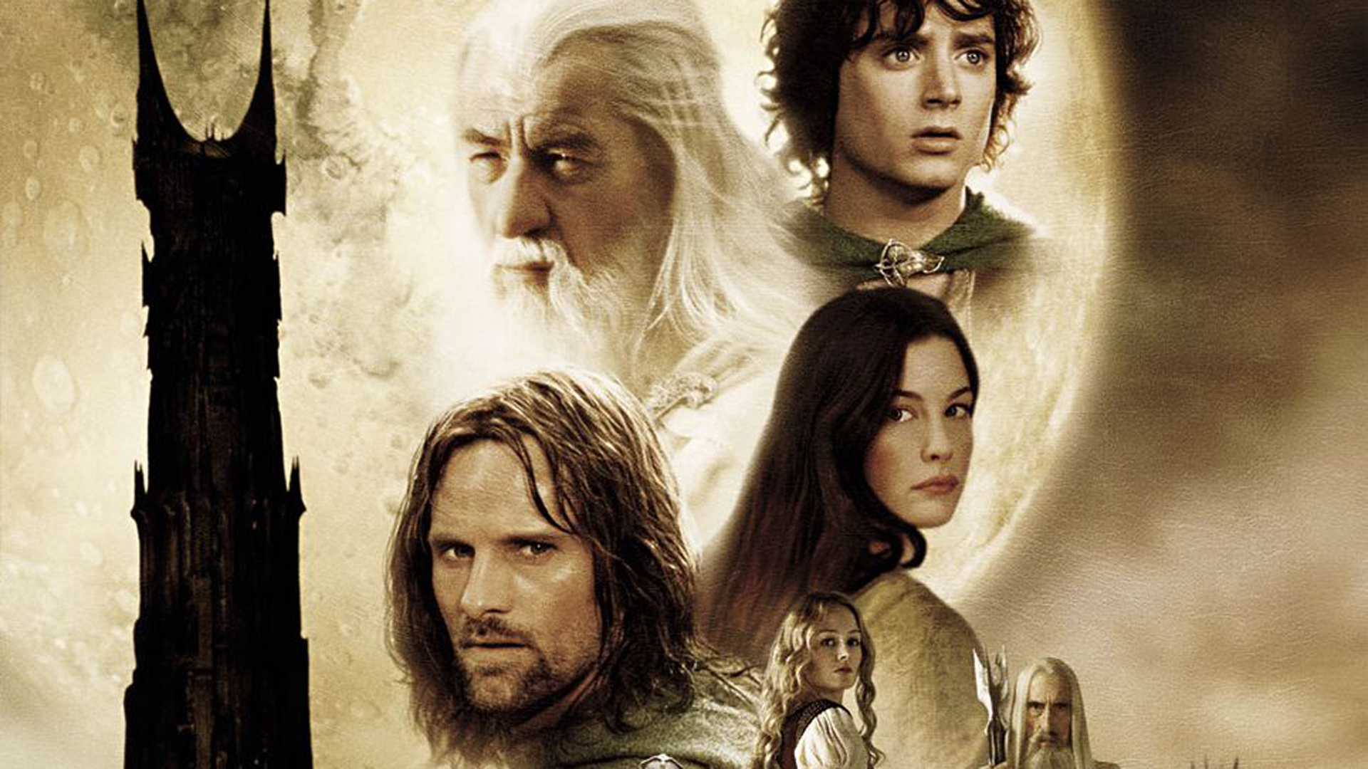 A promotional poster for the Lord of the Rings trilogy featuring key characters like Gandalf, Frodo, Aragorn, Arwen, and the ominous tower of Barad-dûr