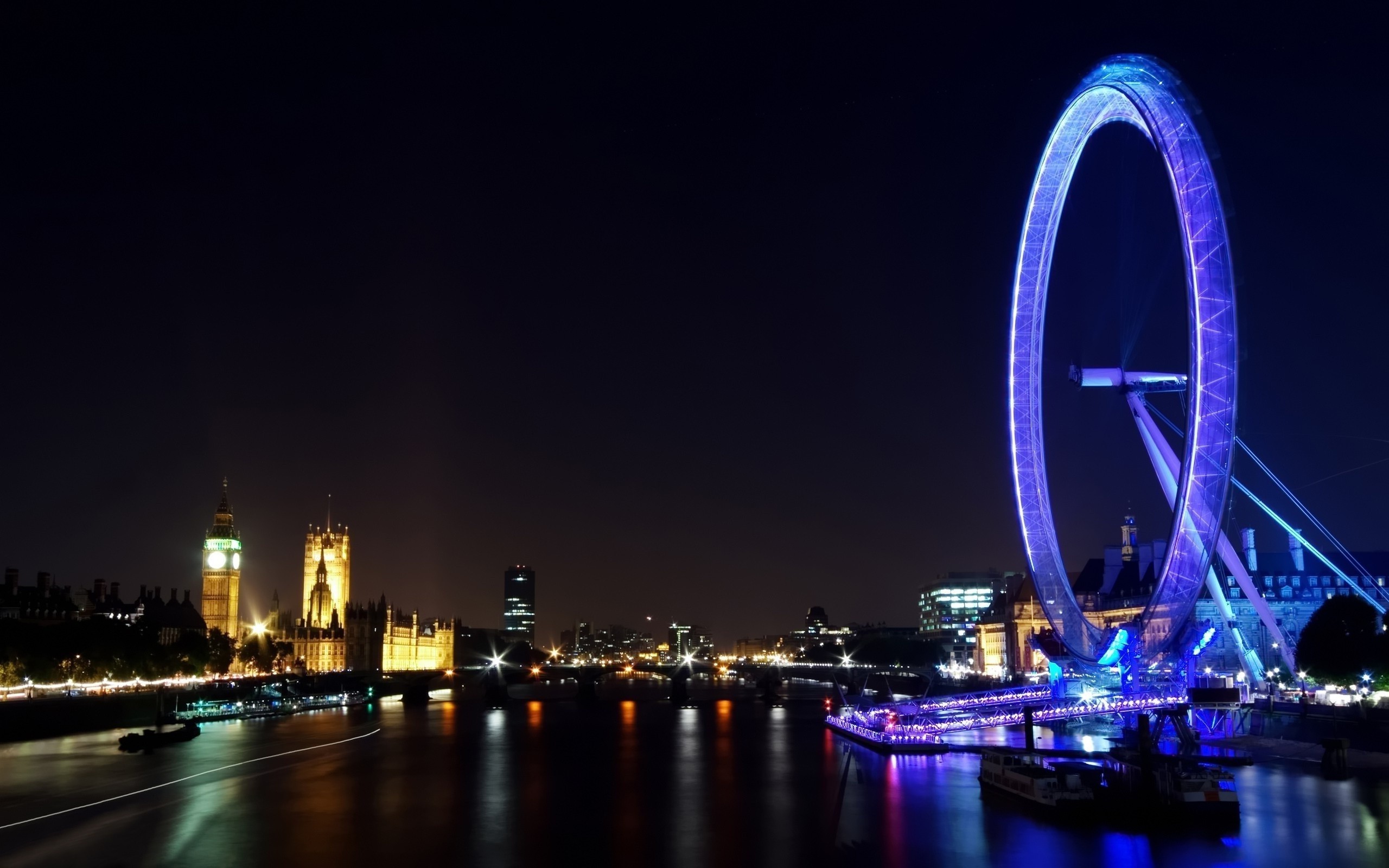 London Eye Ferris Wheel Big Ben Lights Night River Thames Westminster Wallpaper