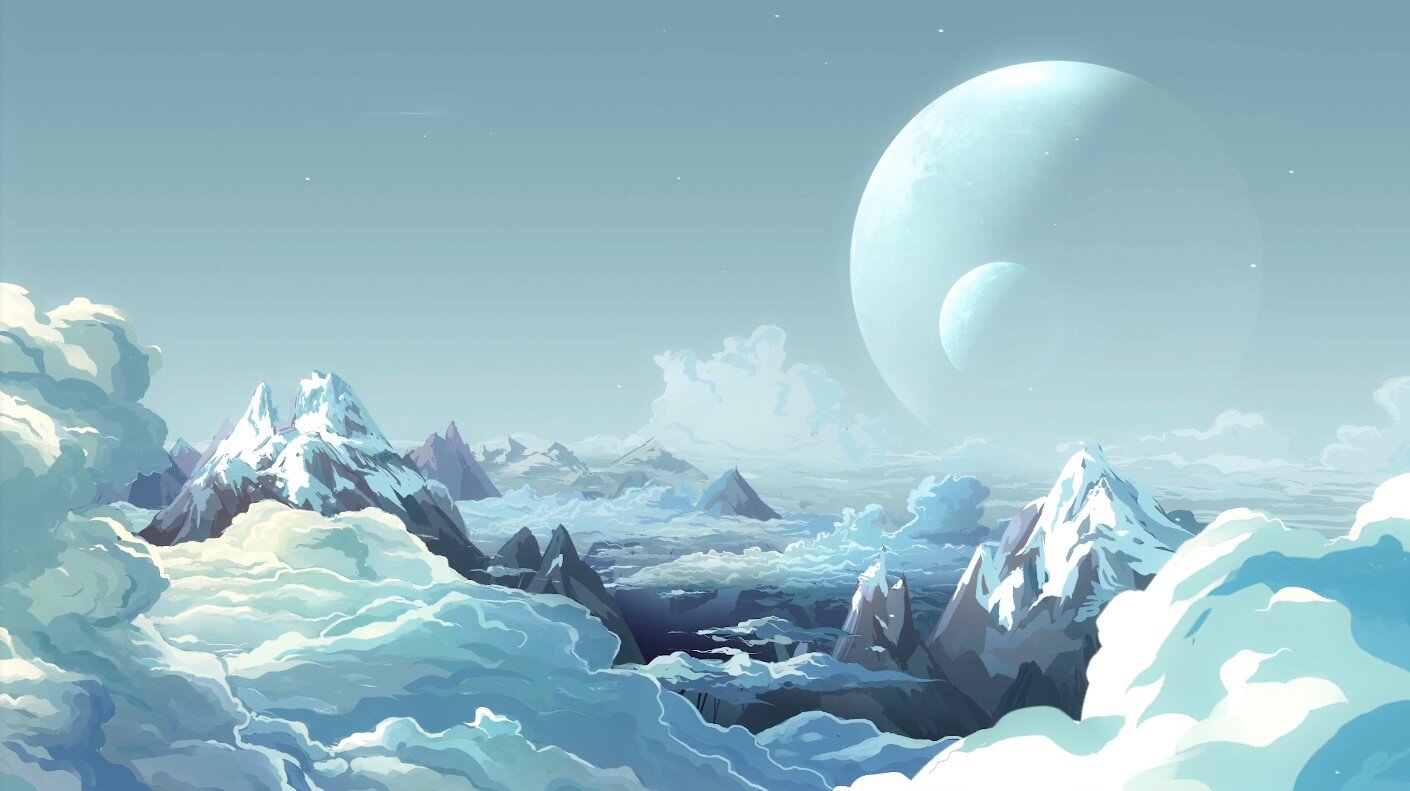 4k wallpaper of a breathtaking icy mountain range piercing through a sea of clouds, under a pale teal sky with a large, ethereal moon and its smaller companion