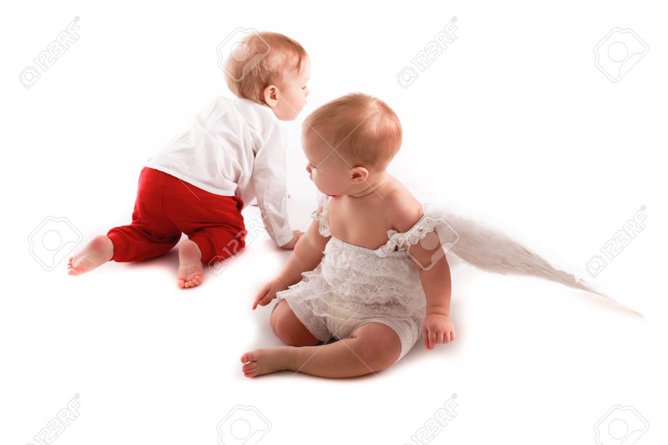Baby Girl And Boy Playing Socializing Business Angel Wings